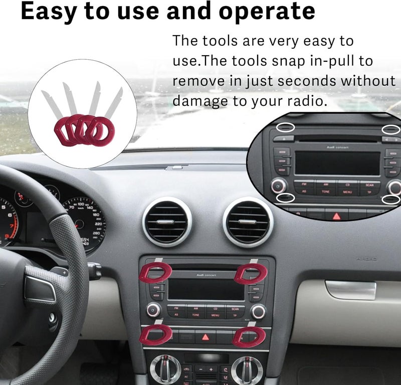 RBOKO 4Pcs Radio Removal Tool kit, Easy Grip Handles and Stiff Blades Compatible with VW Volkswagen, Mercedes Benz, Stereo Single and Double DIN Replacement Key for 1C0-051-530, T87P-19061-A (Red) - Image 3